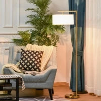 Lampada da Terra Moderna in Metallo e Paralume in Tessuto, Lampada da Lettura E27 47x37x153cm, Oro e Bianco