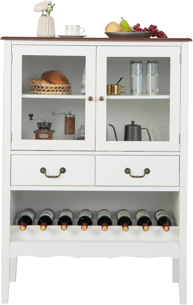 Mobile contenitore indipendente, con 2 porte in vetro temperato, 2 cassetti, portabottiglie aperto, stazione bar ad angolo per sala da pranzo e soggiorno