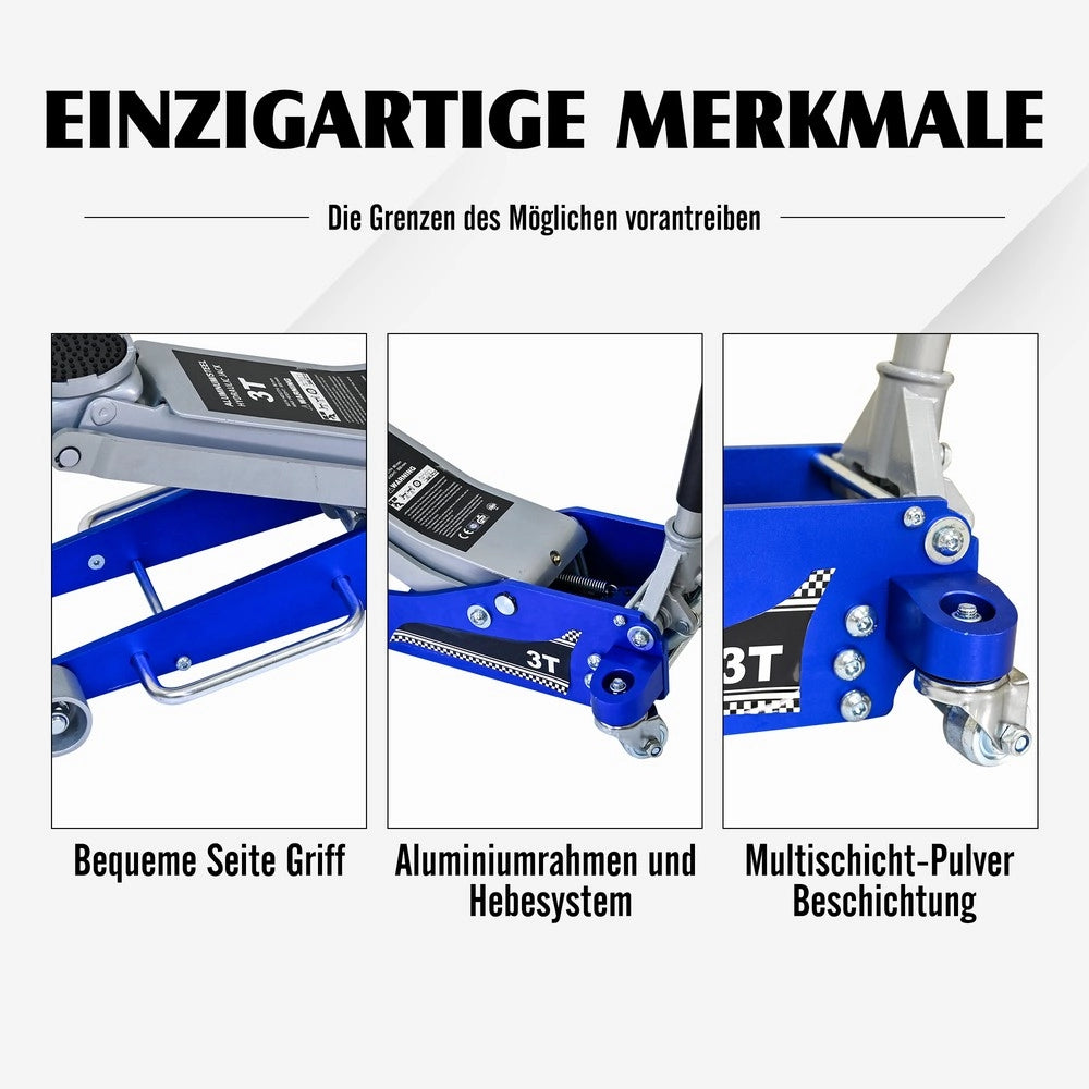 Cric Idraulico a Carrello 3 Ton ¨C MINIMAL ¨C Alluminio/Acciaio, Blu/Argento, per SUV e Fuoristrada