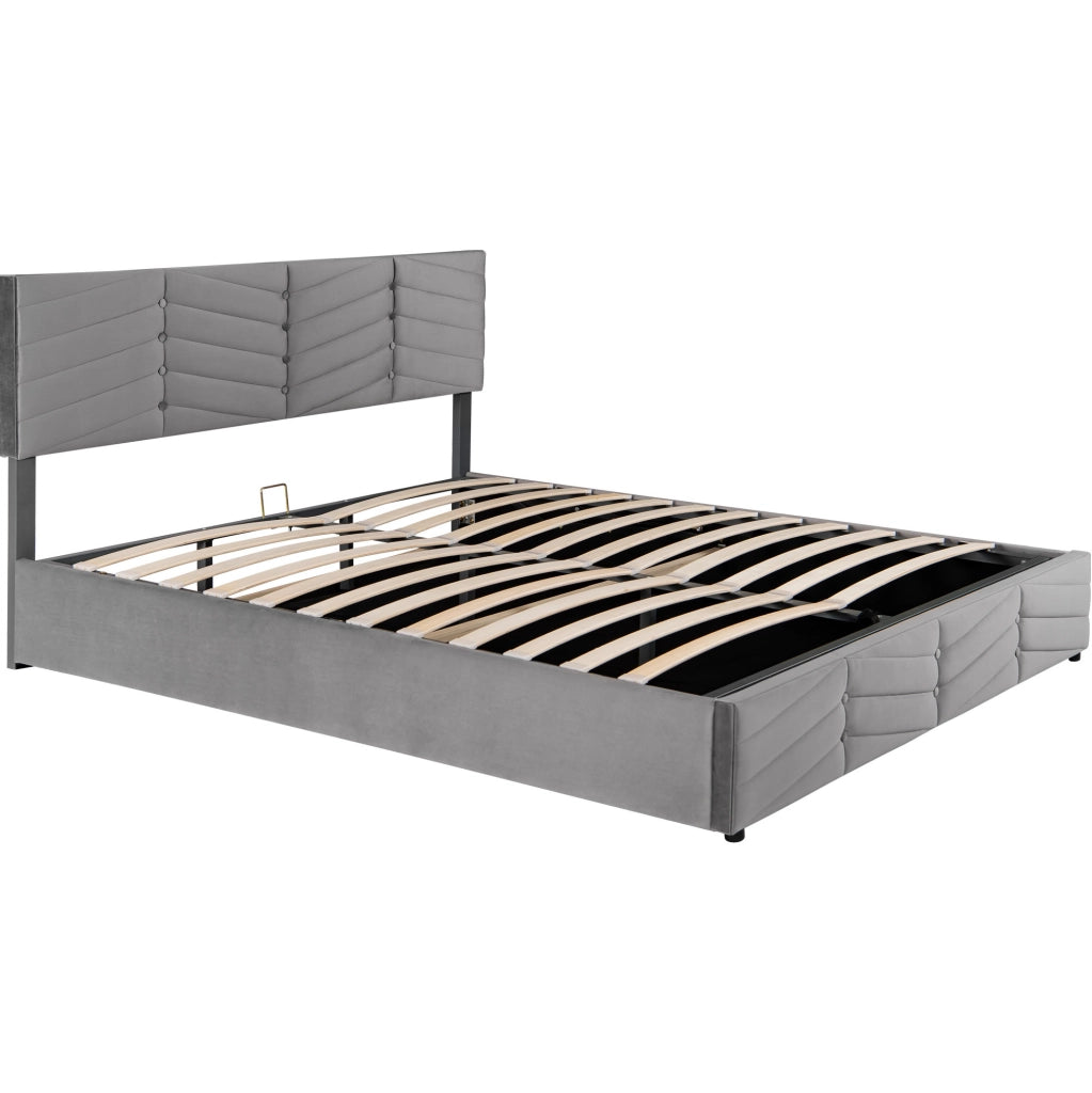 Letto matrimoniale imbottito 180x200 cm in velluto grigio con testiera regolabile e contenitore