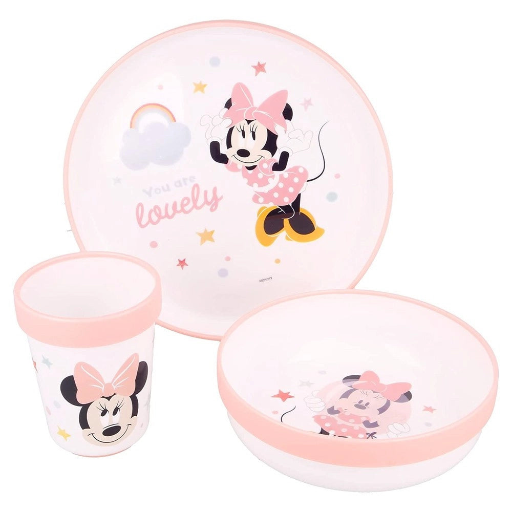Trade Shop - Set Pappa Minnie Mouse Bicchiere Piatti Antiscivolo Rosa Bambini Prima Pappa -