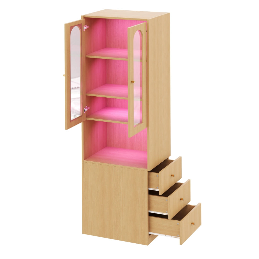 Libreria alta e stretta 60x40x200 cm effetto rovere, vetrina in vetro temperato, LED multicolore, 3 cassetti, reversibile