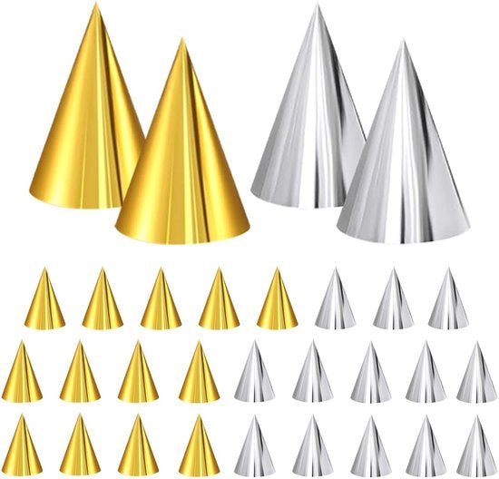 Decorazioni per Festa 30 Pezzi - Cappelli a Cono - Oro/Argento - Decorazioni per Compleanno - Leggero - Carta di Alta Qualità - Cappelli da Festa
