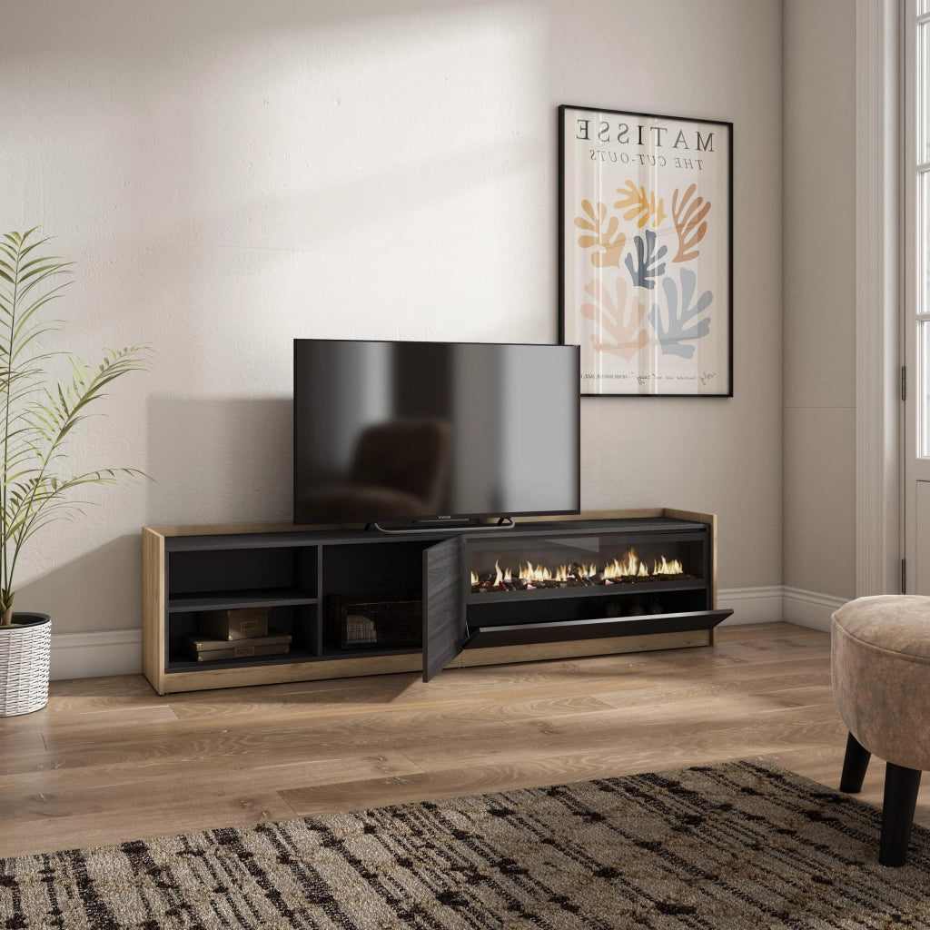 Mobile TV Soggiorno, 207x50x37 cm, Per TV fino a 80", Camino elettrico, Nero e rovere