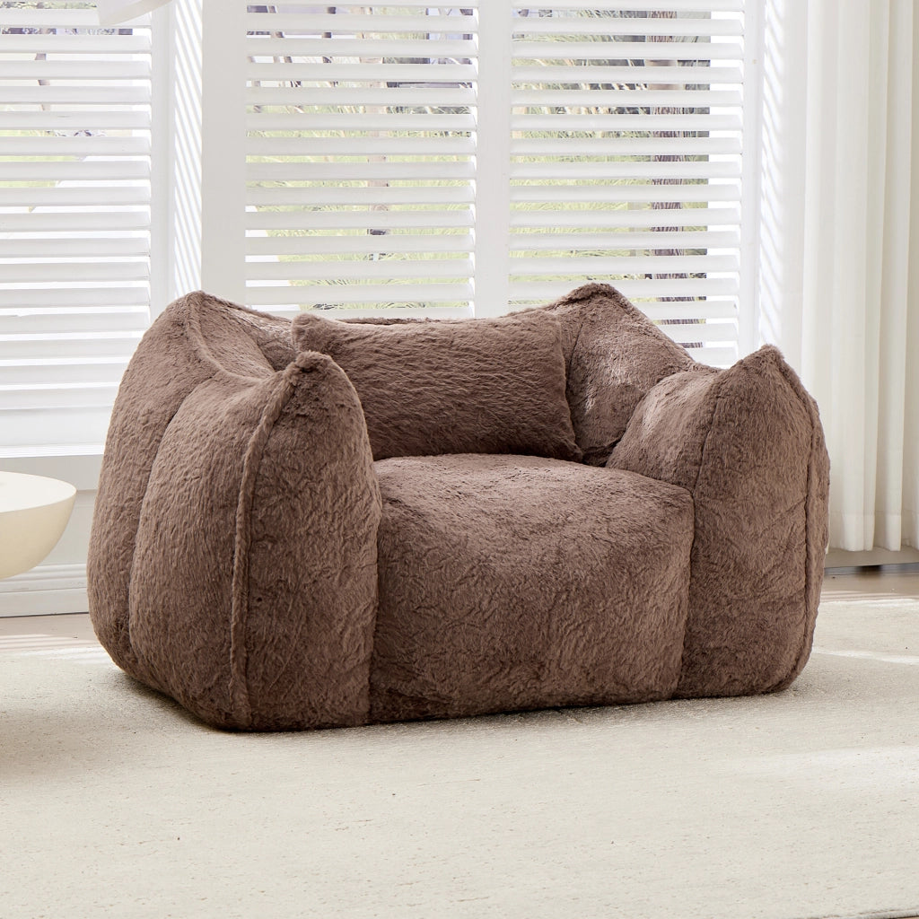 Fauteuil pouf in pelliccia sintetica con schienale ergonomico e imbottitura in schiuma, per salotto e camera da letto, khaki
