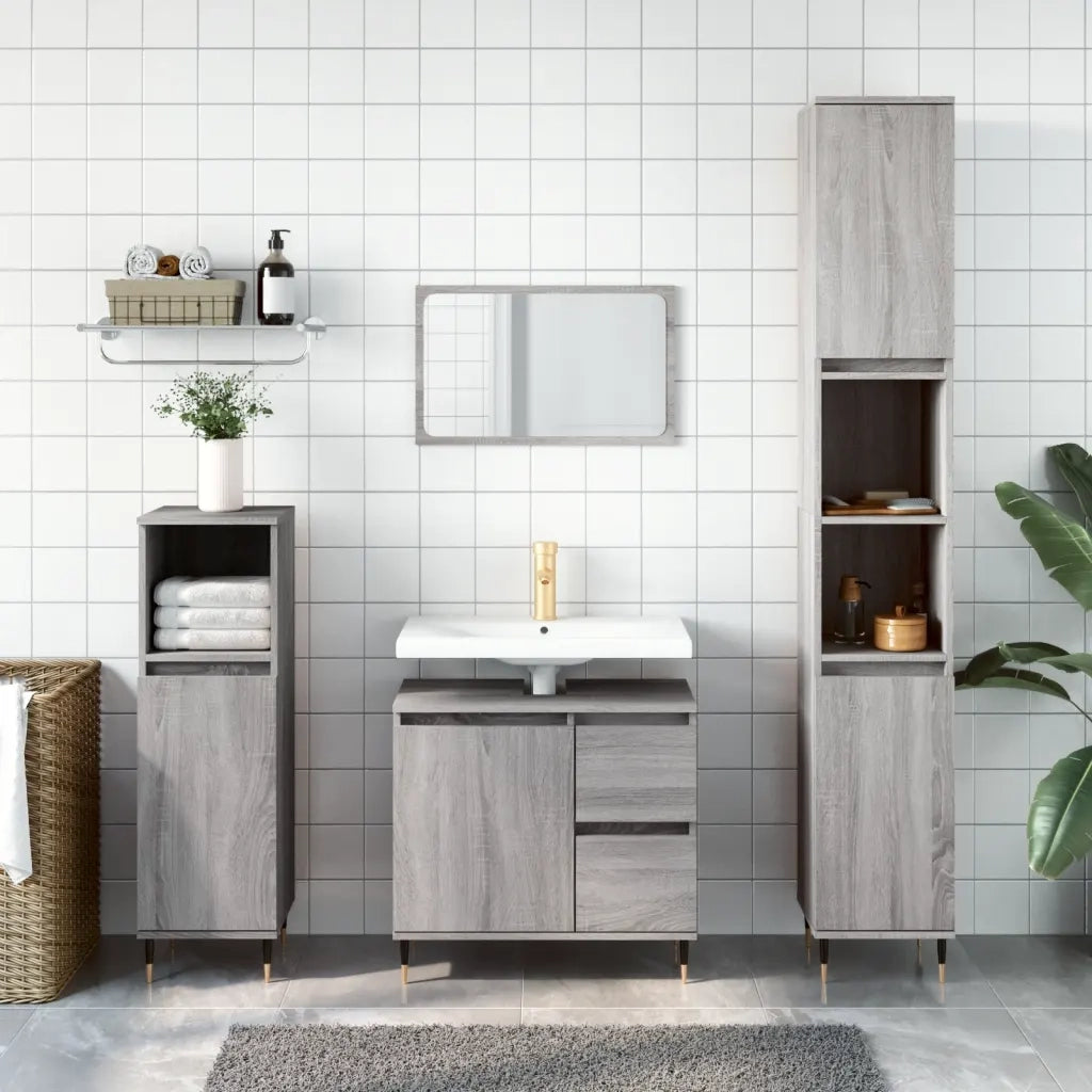 Set Mobili da Bagno | Armadio da bagno 3 pz Grigio Sonoma in Legno Multistrato