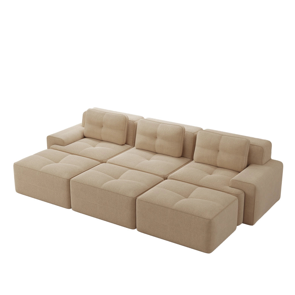Divano Angolare Modulare 3 Posti con Letto ¨C MINIMAL ¨C Tessuto a Coste Beige con Pouf
