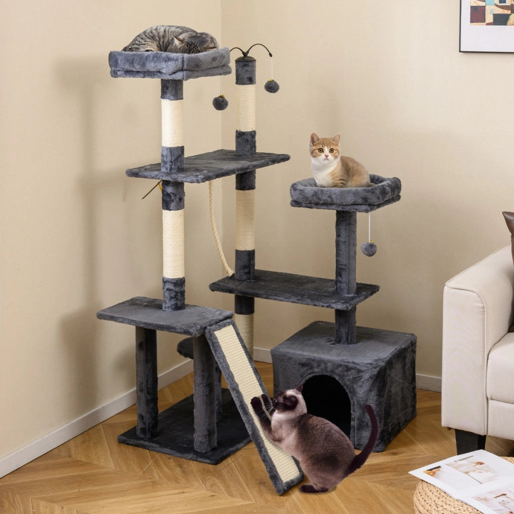 Albero per gatti 136 cm casa giochi multilivello con tiragraffi rampa, Albero per gatti 2 posatoi imbottiti ampio condo Grigio scuro-Alberi Tiragraffi