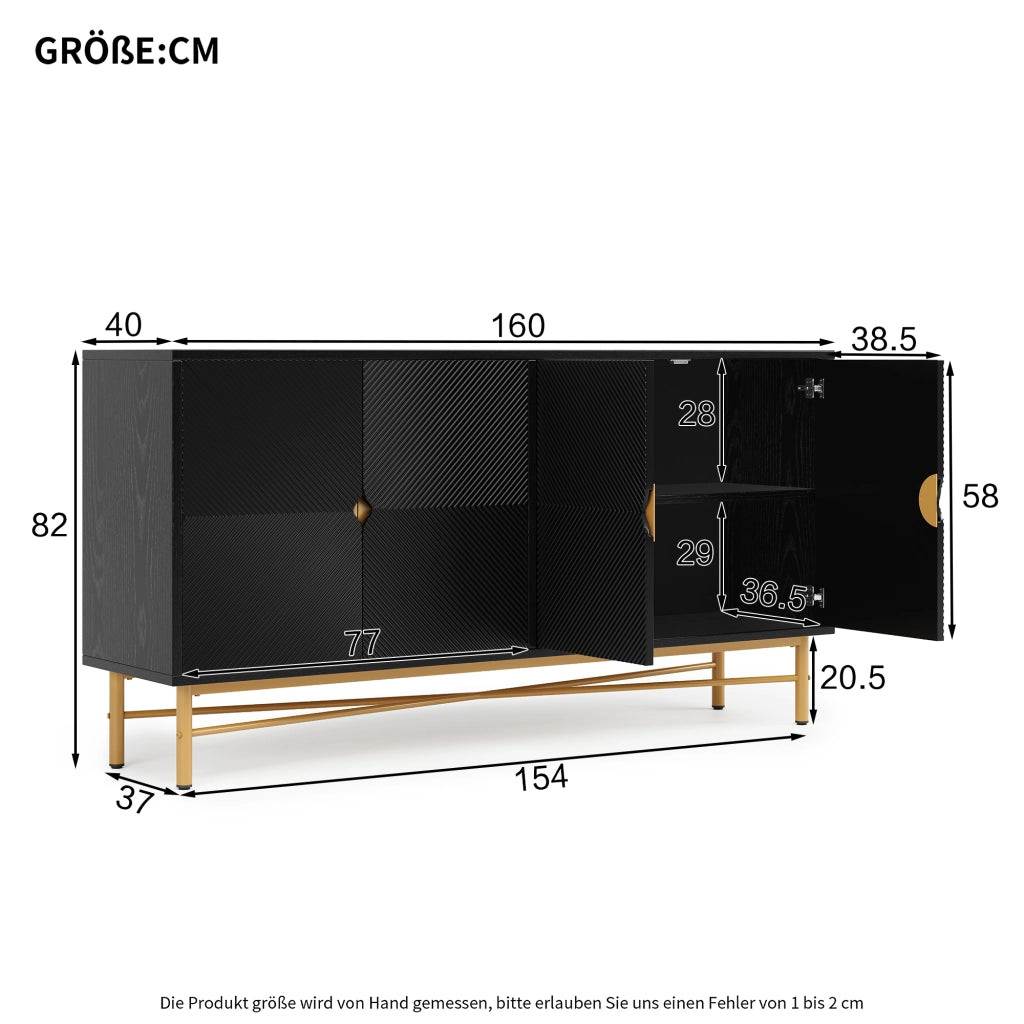 Credenza e madia con 4 ante e chiusura soft-close, dettagli dorati, per soggiorno, nera, 160 × 40 × 82 cm