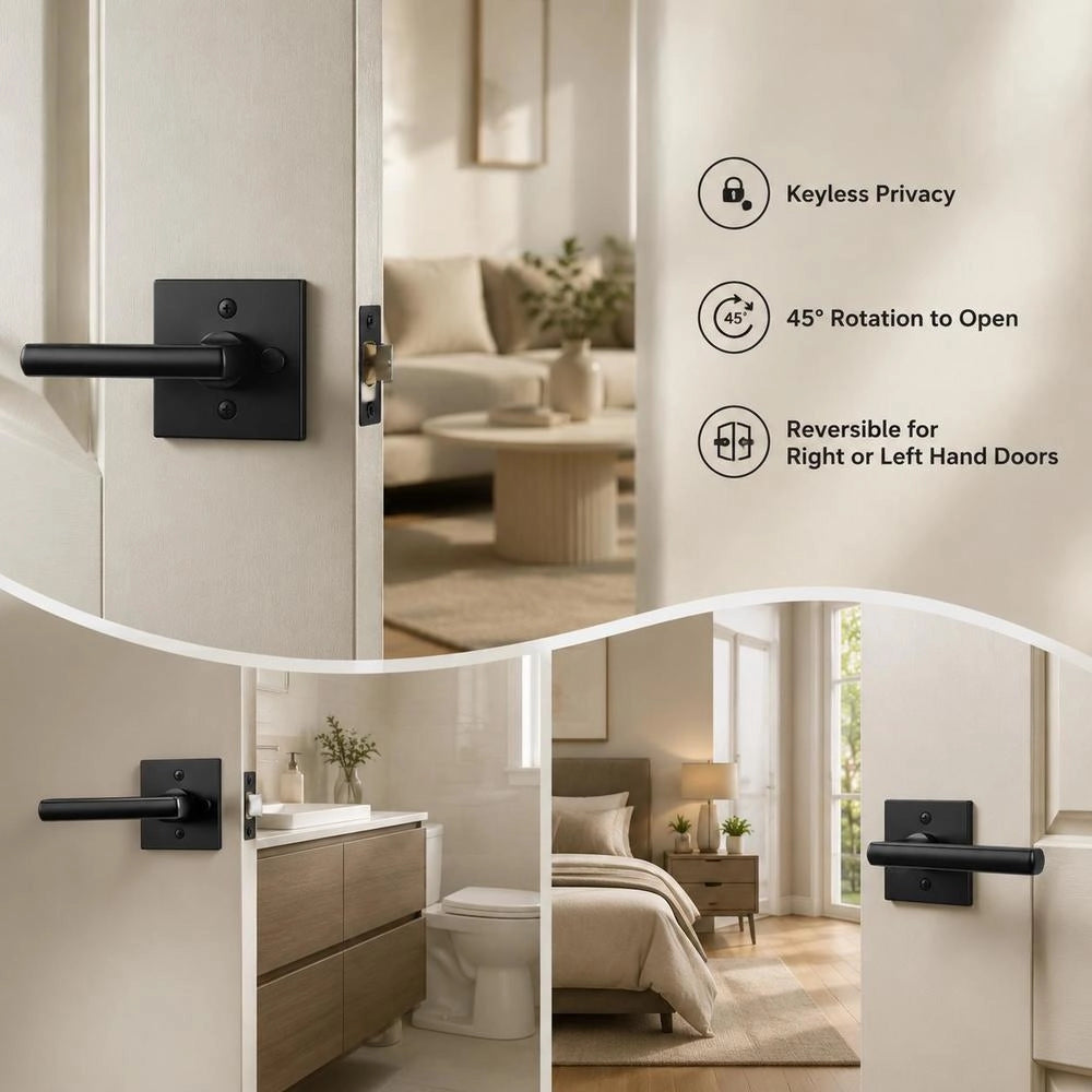Privacy Door Handle, Matte Black Door Lever, 5 Pieces, Left- Or Right-handed, Reversible Lever With Lock, 45° Rotation For Opening, Square Door Fitting For Bedroom And Bathroom