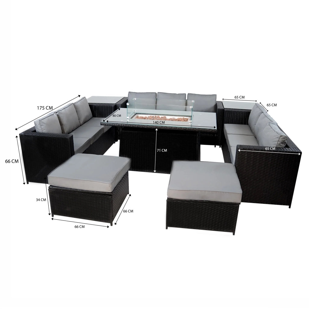 Set Giardino Rattan 11 Posti Nero Divani Sgabelli Tavolo Firepit