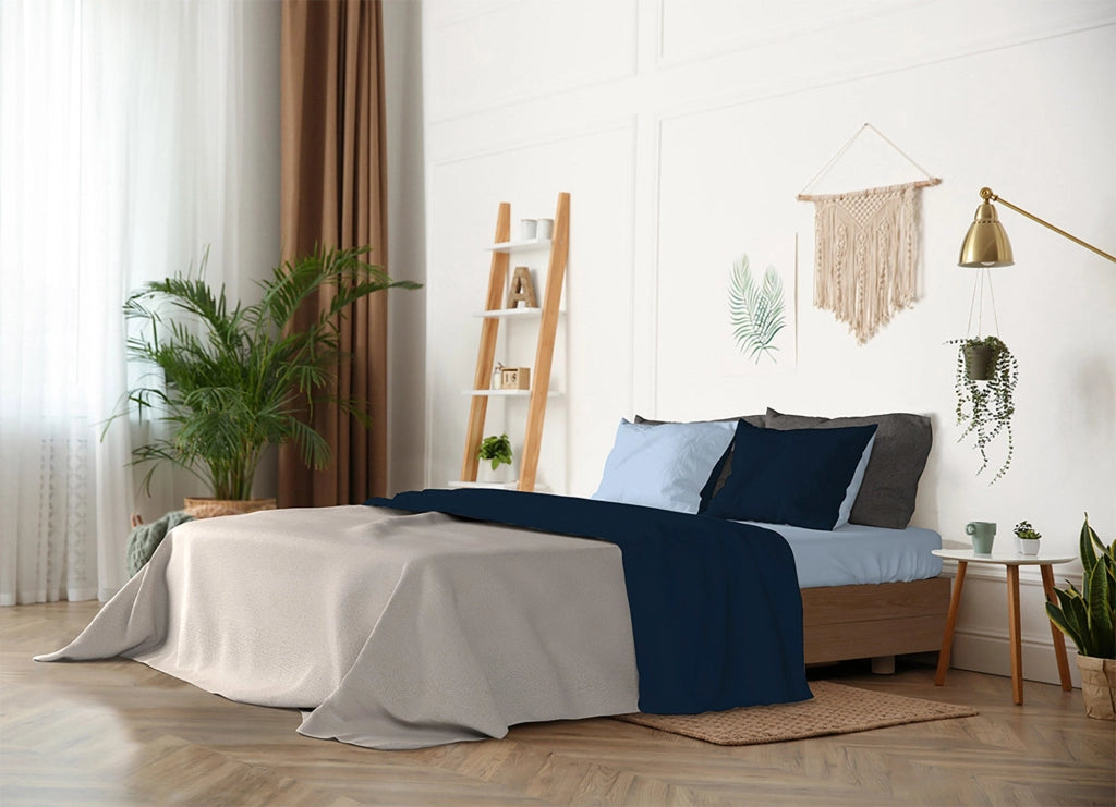 Set Lenzuola Singolo Sopra Sotto e Federe Doubleface Blu Scuro/Azzurro