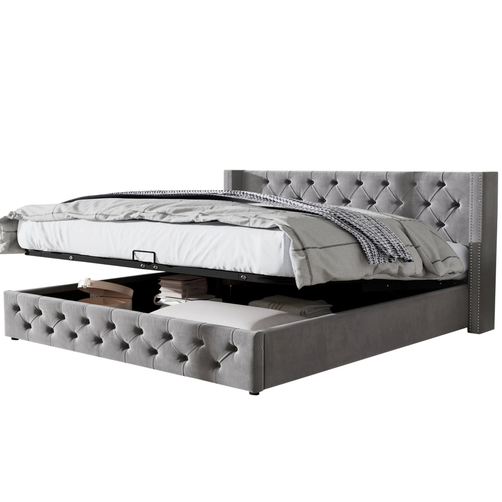 OKWISH Letto Contenitore 140×190 cm, Letto Matrimoniale con Testiera Capitonné, Sollevamento Idraulico e Ampio Vano, senza Materasso, Velluto, Grigio
