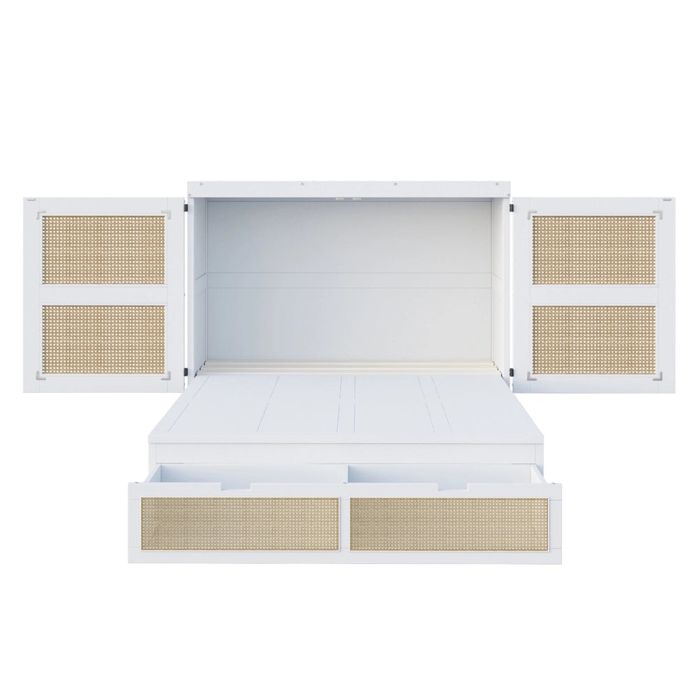 Letto a muro-Xylo-140x200 cm-contenitore, doghe, cassetti, design rotin, bianco