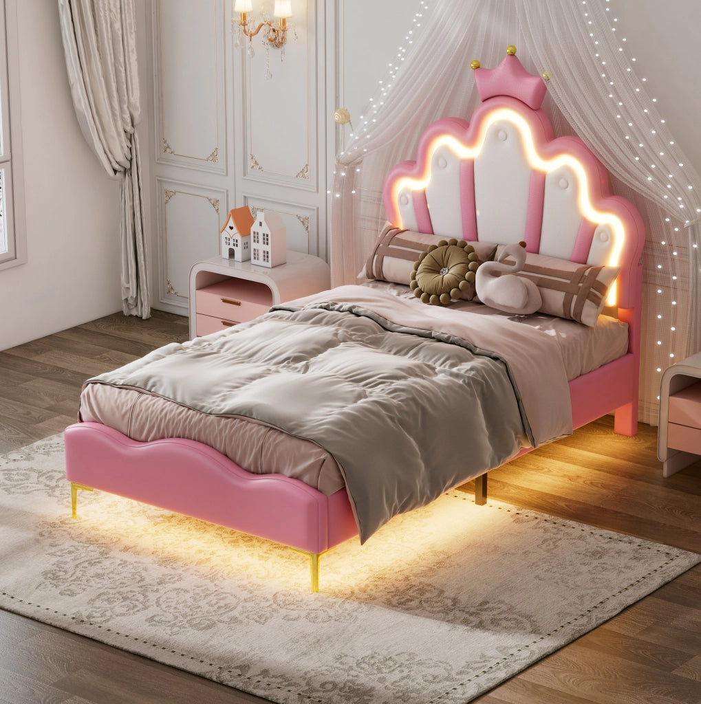 Letto singolo 90x200 cm con LED e testiera a nuvola; PU; rosa