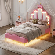 Letto singolo 90x200 cm con LED e testiera a nuvola; PU; rosa
