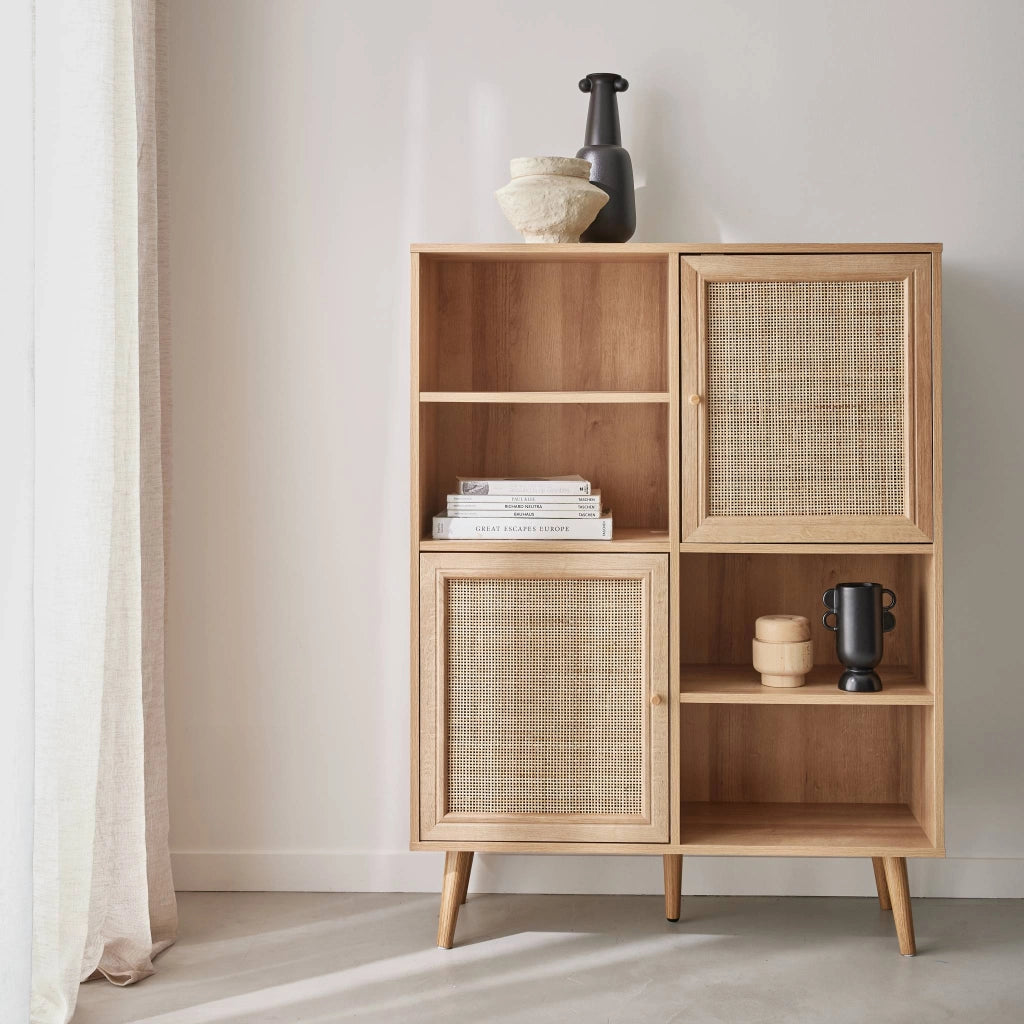 Credenza a 2 ante in canna e legno, 90cm, marrone naturale