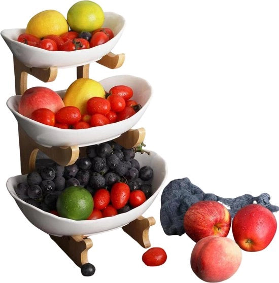 Etagere per Fruitti - 3 Livelli - Fruitaia in Ceramica - 3 Livelli - Fruitaia con Bambù Naturale - Servizio per Fruitti, Dolci e Confetti