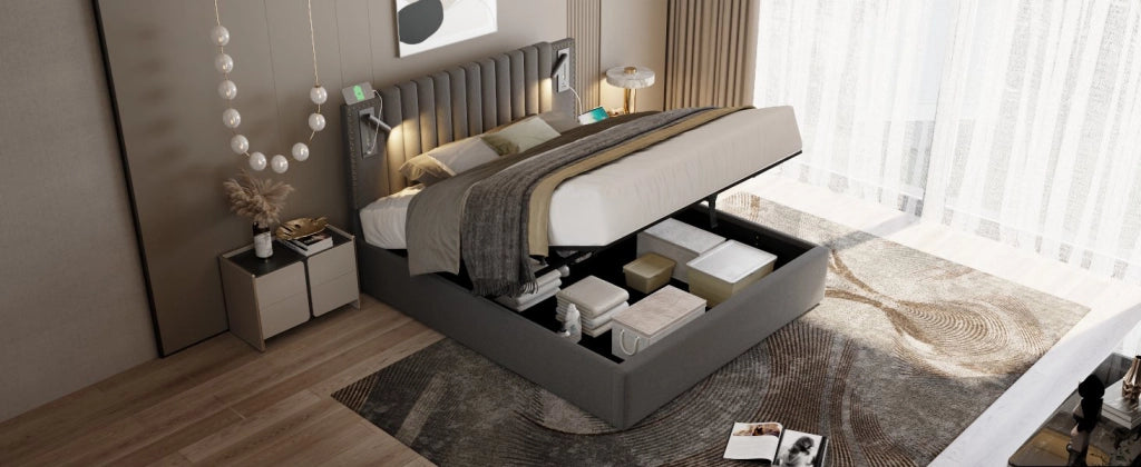 DESMIU Lit coffre 160 × 200 cm 2 posti con luce di lettura, USB e Type-C, senza materasso, grigio