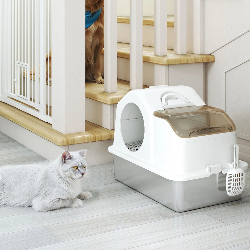 Lettiera per Gatti Chiusa 60,5x40,5x42 cm con 2 Tappetini Base in Acciaio Inox Bianca e Argento
