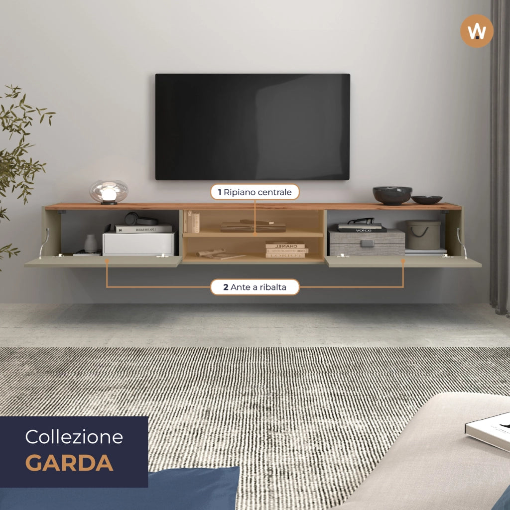 WHOUS Mobile porta tv Garda 2 ante e 1 ripiano centrale tortora opaco e rovere 210x35x30 cm