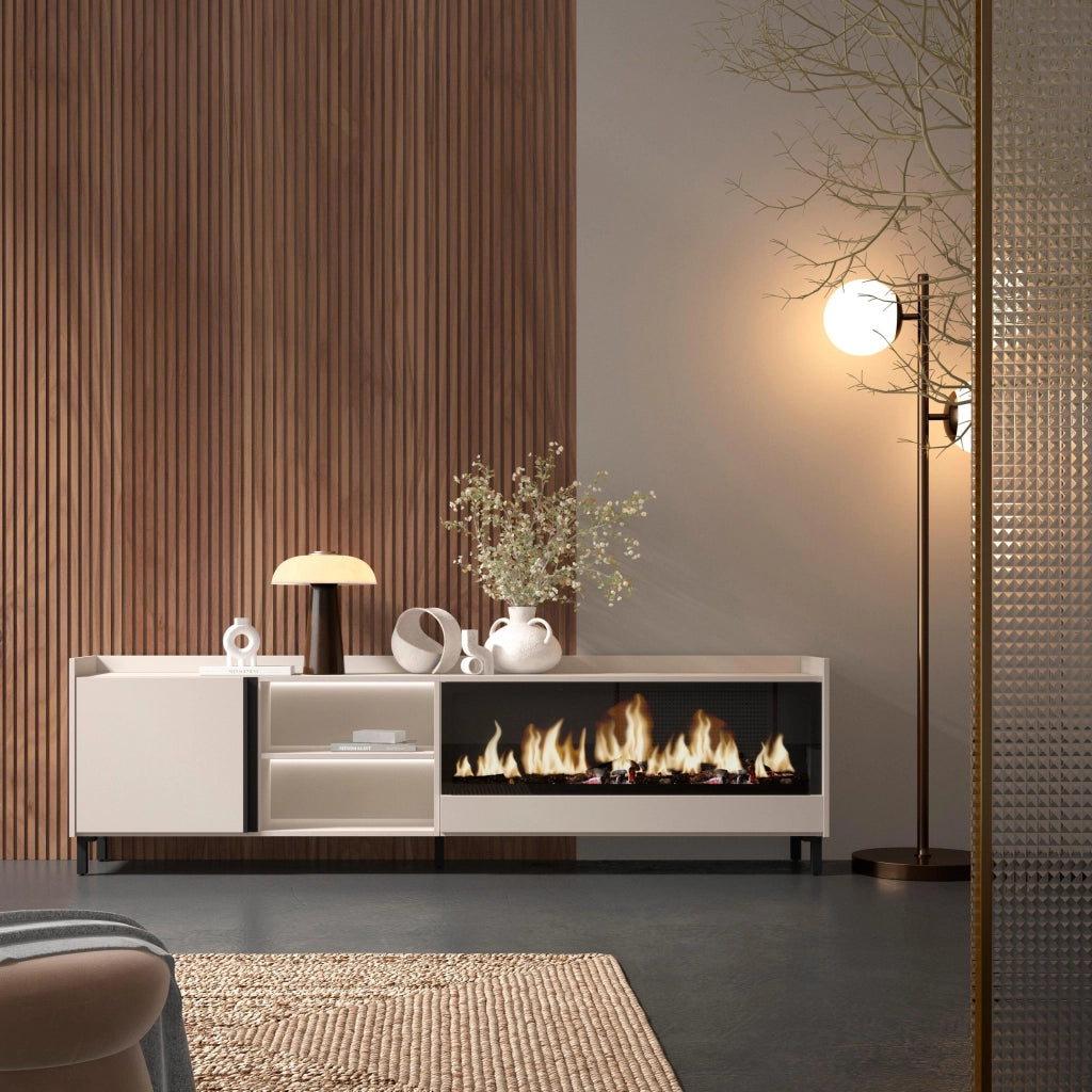Mobile TV Soggiorno, 212x61x35 cm, Per TV fino a 80", Camino elettrico XXL, Design industriale, LED, Beige