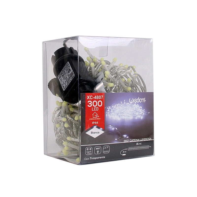 CATENA LUMINOSA DI NATALE A LED DA 300 LUCI BIANCHE FREDDE CAVO TRASPARENTE - TRASFORMATORE A BASSA TENSIONE PER INTERNI ED ESTERNI