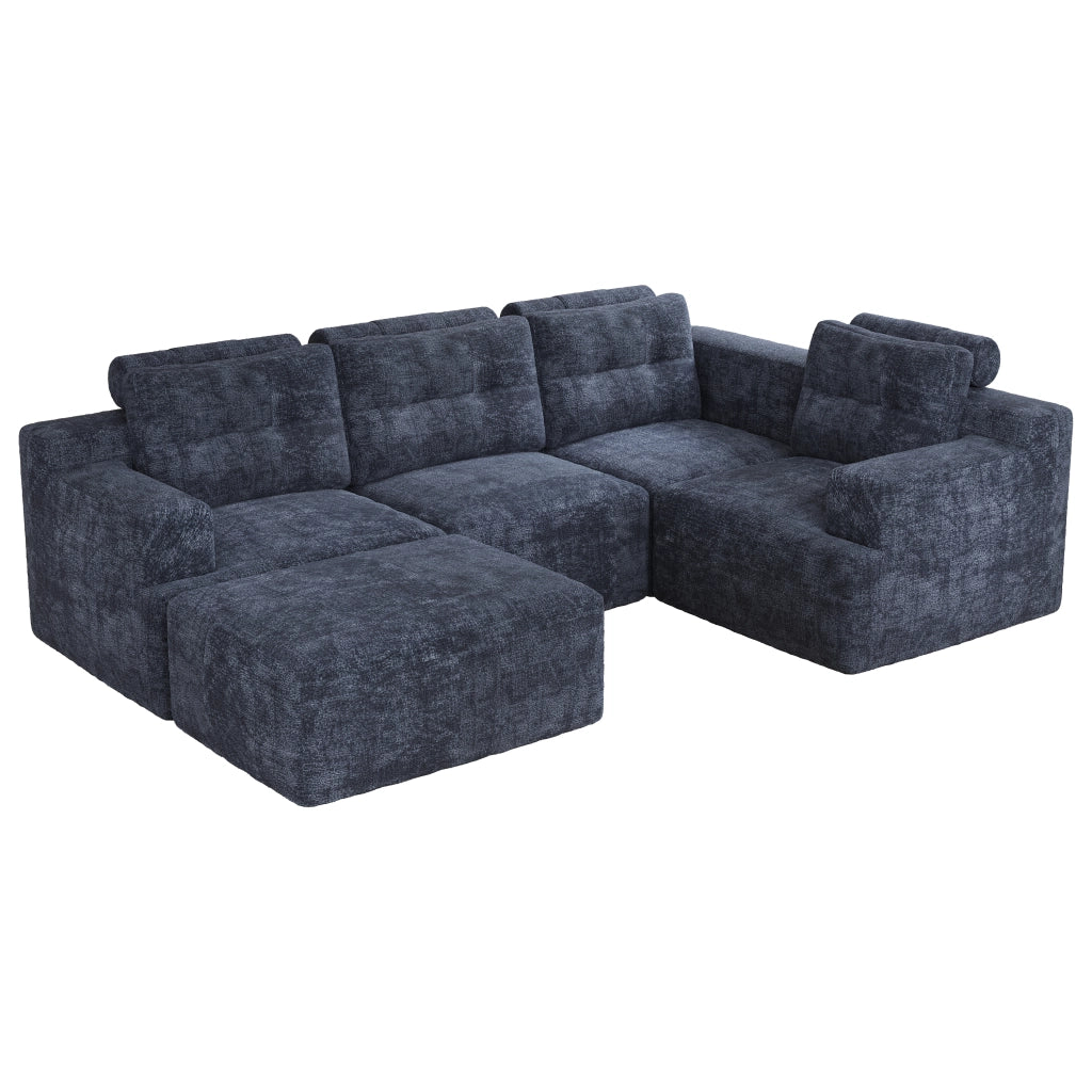 Divano modulare 5 posti con pouf e schienale alto in chenille blu 252 × 180 × 82 cm
