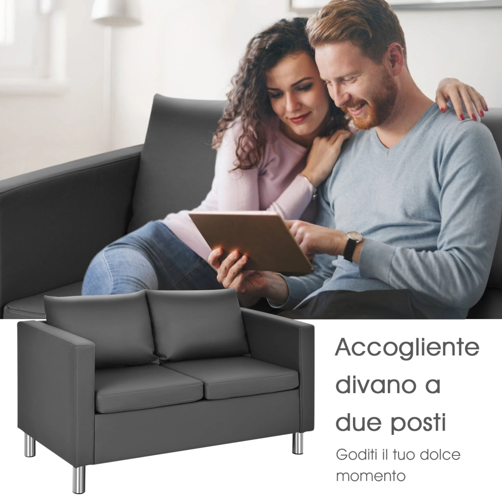 Divano con cuscino morbido e gambe in legno di gomma, Divano moderno a 2 posti in similpelle PU, Grigio-Divani