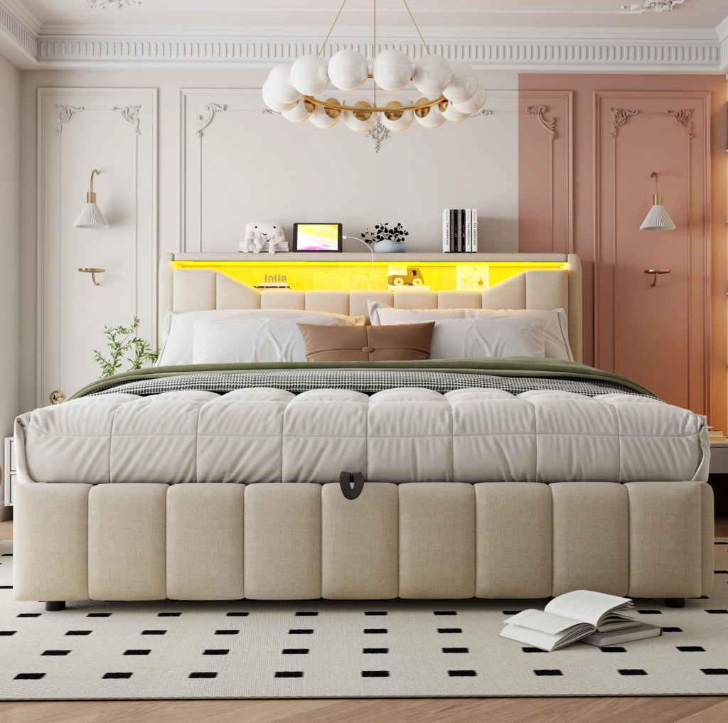 Letto matrimoniale contenitore 214.5x181x107.5 cm con sistema idraulico; LED e testiera contenitore in tessuto beige