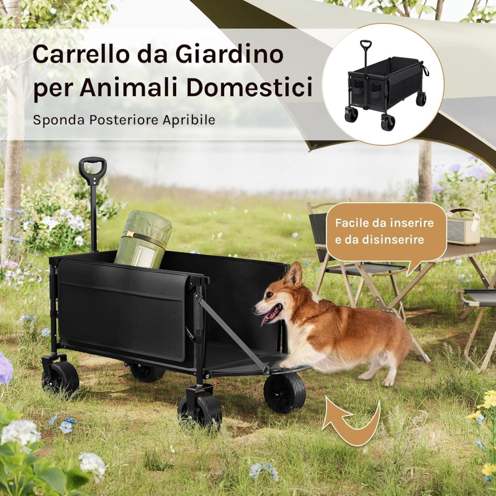 Carrello Pieghevole Portatutto, Carrellino da Giardino con Portellone Posteriore e Ruote per Tutti i Terreni con Freno, Capacità di Carico Fino a 150 kg, Nero