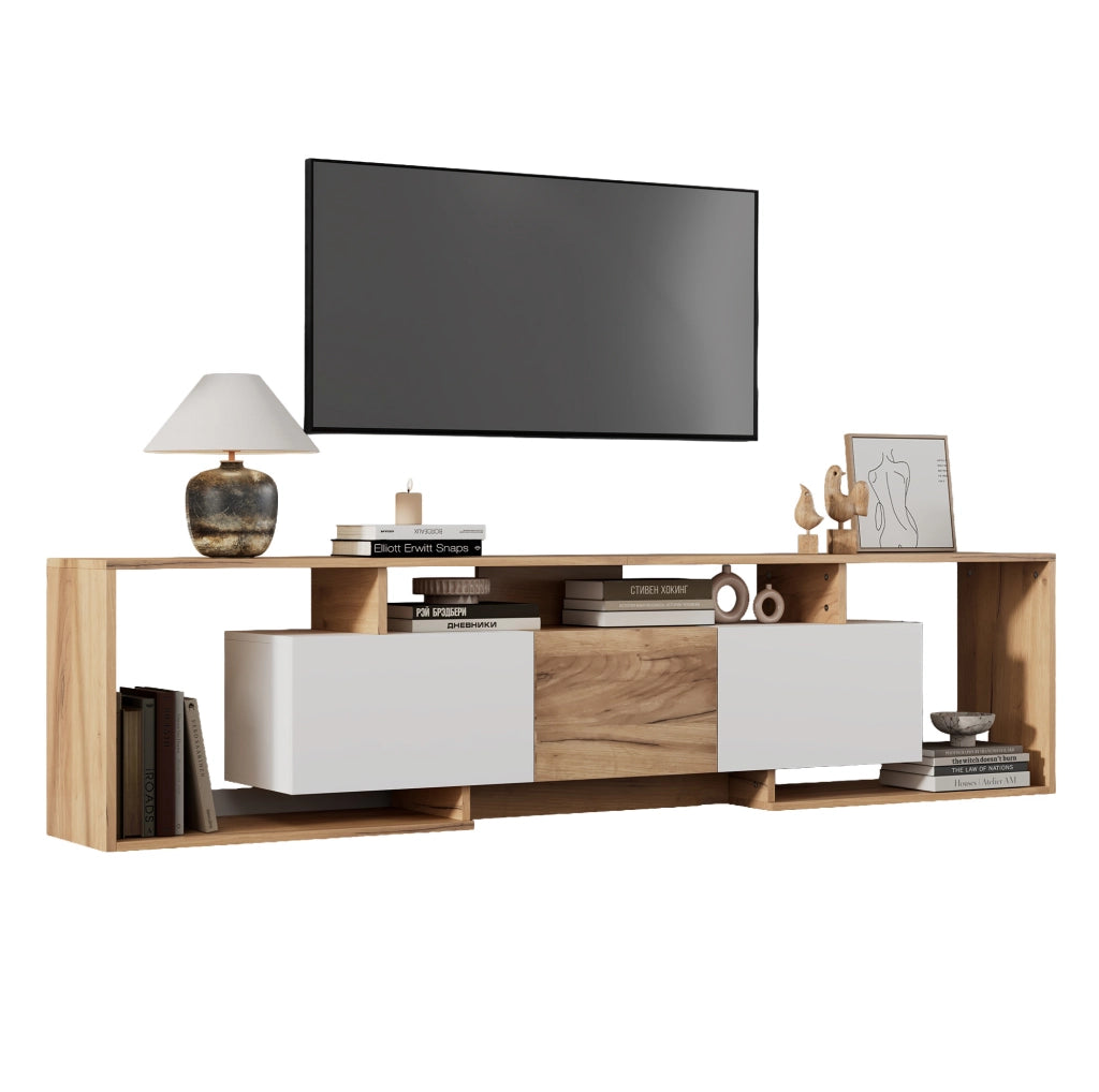 Mobile TV 180x30x49 cm con 6 vani e portata 45 kg in truciolare bianco e naturale