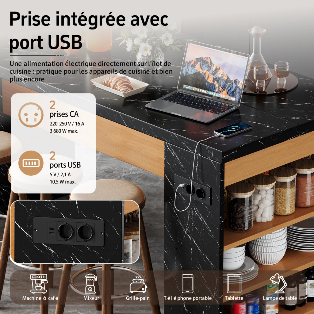 Carrello da cucina con 3 vani aperti; prese 2 AC 2 USB e LED; per cucina e sala da pranzo; 155 × 80 × 90 cm