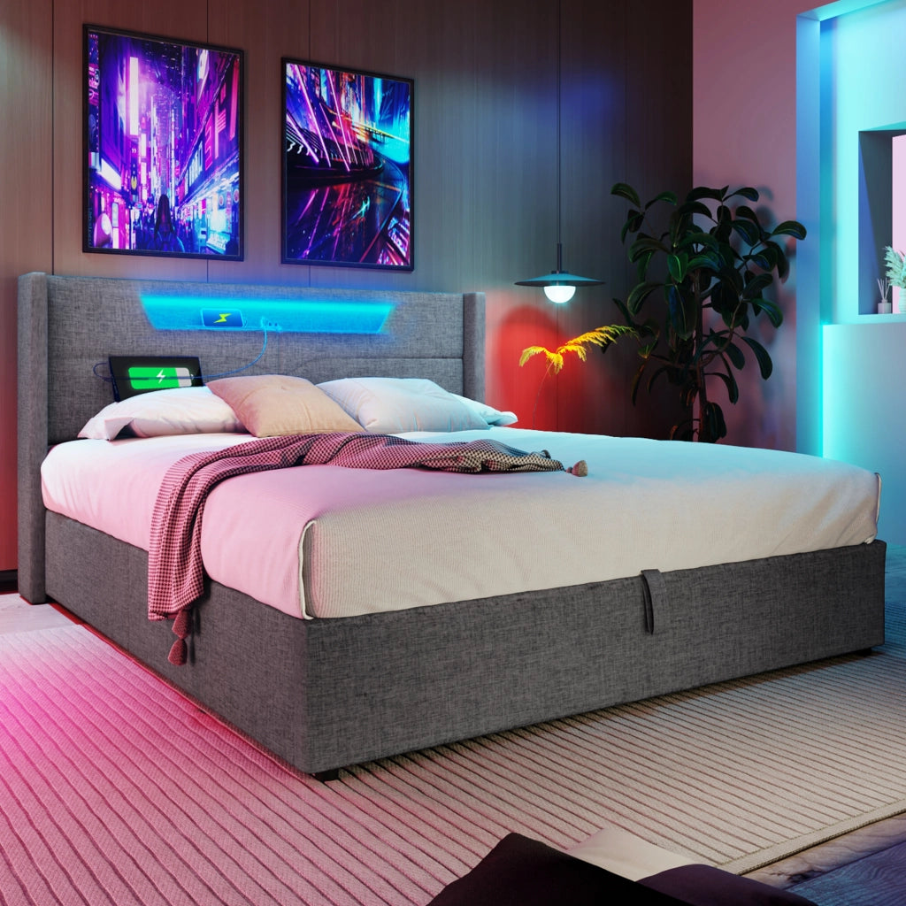 OKWISH Letto Contenitore Matrimoniale con USB, Porta Tipo C e LED 160 x 200 cm, con Materasso, Grigio