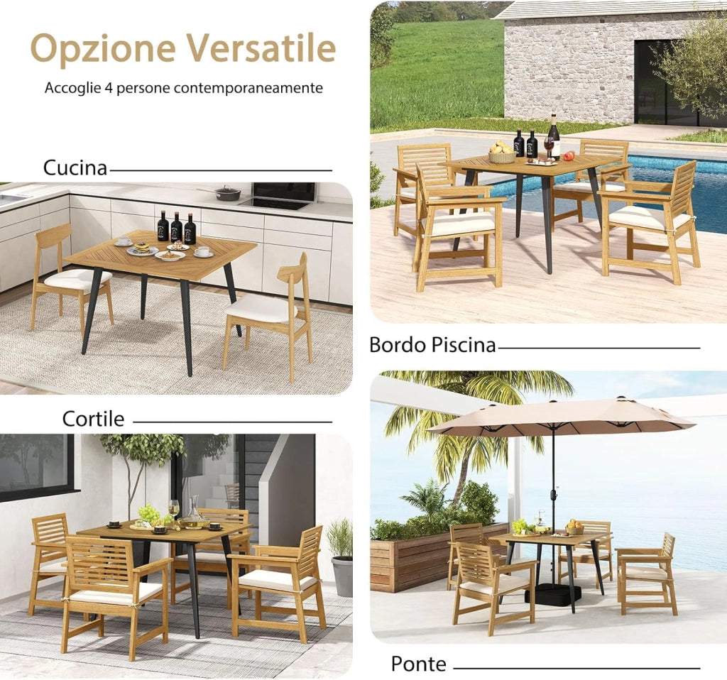 Tavolo da Giardino in Legno di Acacia, Tavolo Rettangolare con Struttura in Acciaio e Foro per Ombrellone, Tavolo da Pranzo Giardino Ideale per Giardino Cortile Balcone (107 x 107 cm)