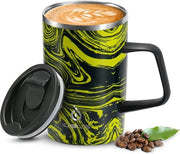 Tazza per caffè e tè in acciaio inox, doppio strato di vetro termoisolante, 470 ml, 16 oz, manico antiscivolo e coperchio a scomparsa con grande capacità (zigrinato giallo)