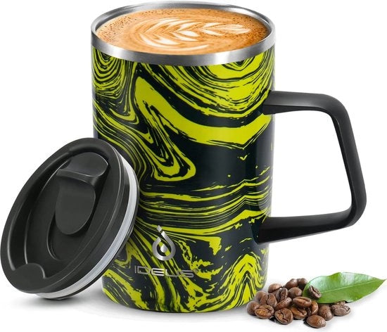 Tazza per caffè e tè in acciaio inox, doppio strato di vetro termoisolante, 470 ml, 16 oz, manico antiscivolo e coperchio a scomparsa con grande capacità (zigrinato giallo)