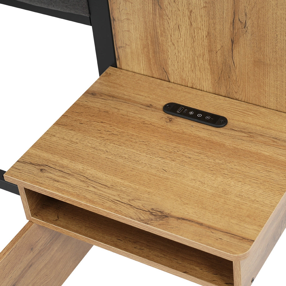 Letto 160x200 cm con luci da lettura; USB C e panca contenitore; metallo; MDF e lino; rovere