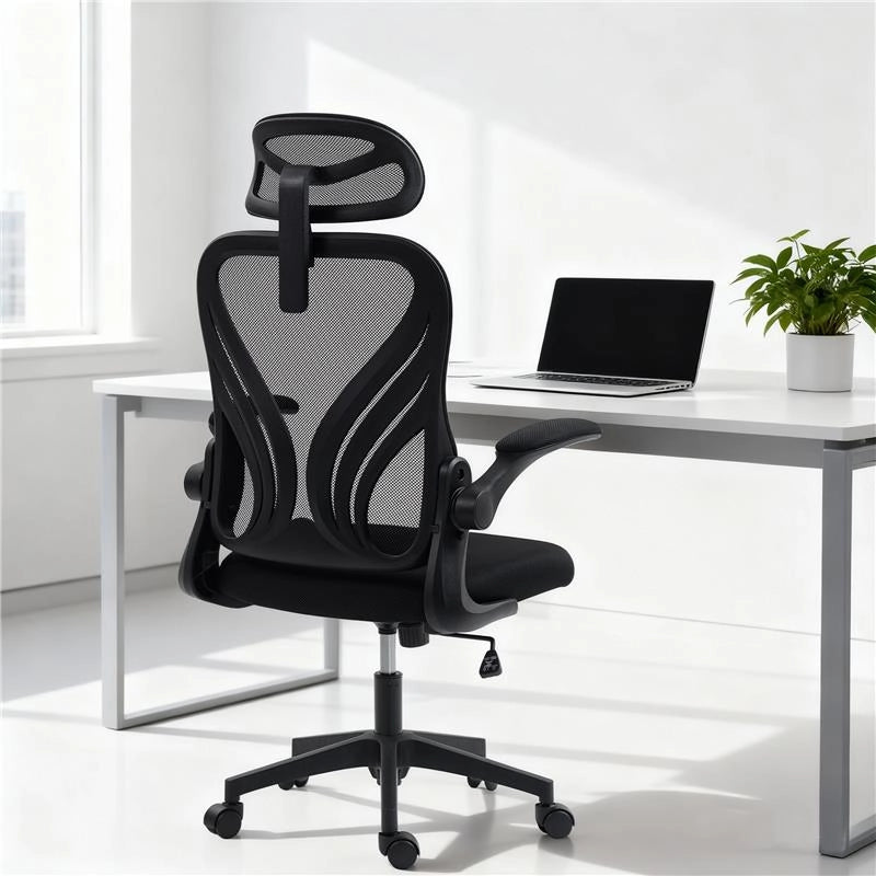 SEDIA DA UFFICIO ERGONOMICA CON BRACCIOLI RIBALTABILI, SUPPORTO LOMBARE E POGGIATESTA REGOLABILE, NERO