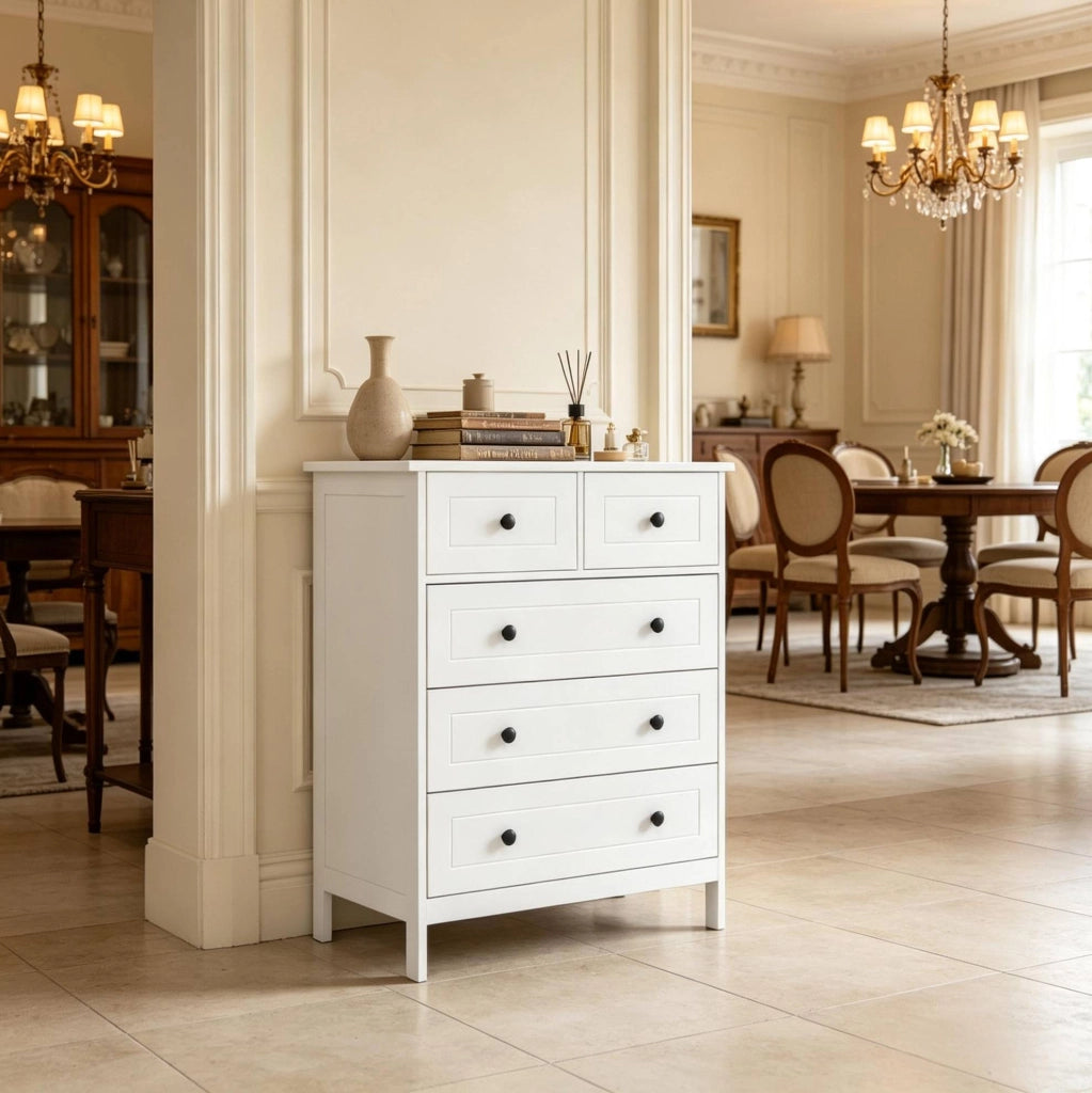 Cassettiera a 5 cassetti 74x40x91 cm in MDF e truciolare bianca