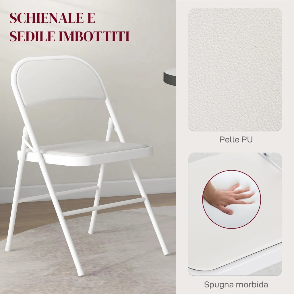 Set 2 Sedie Pieghevoli 45x46x78 cm Imbottite in Finta Pelle PU e Metallo Bianco