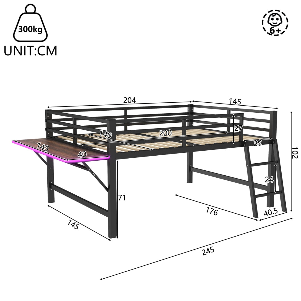 Letto in metallo 140 x 200 cm con scrivania pieghevole e luce LED, nero