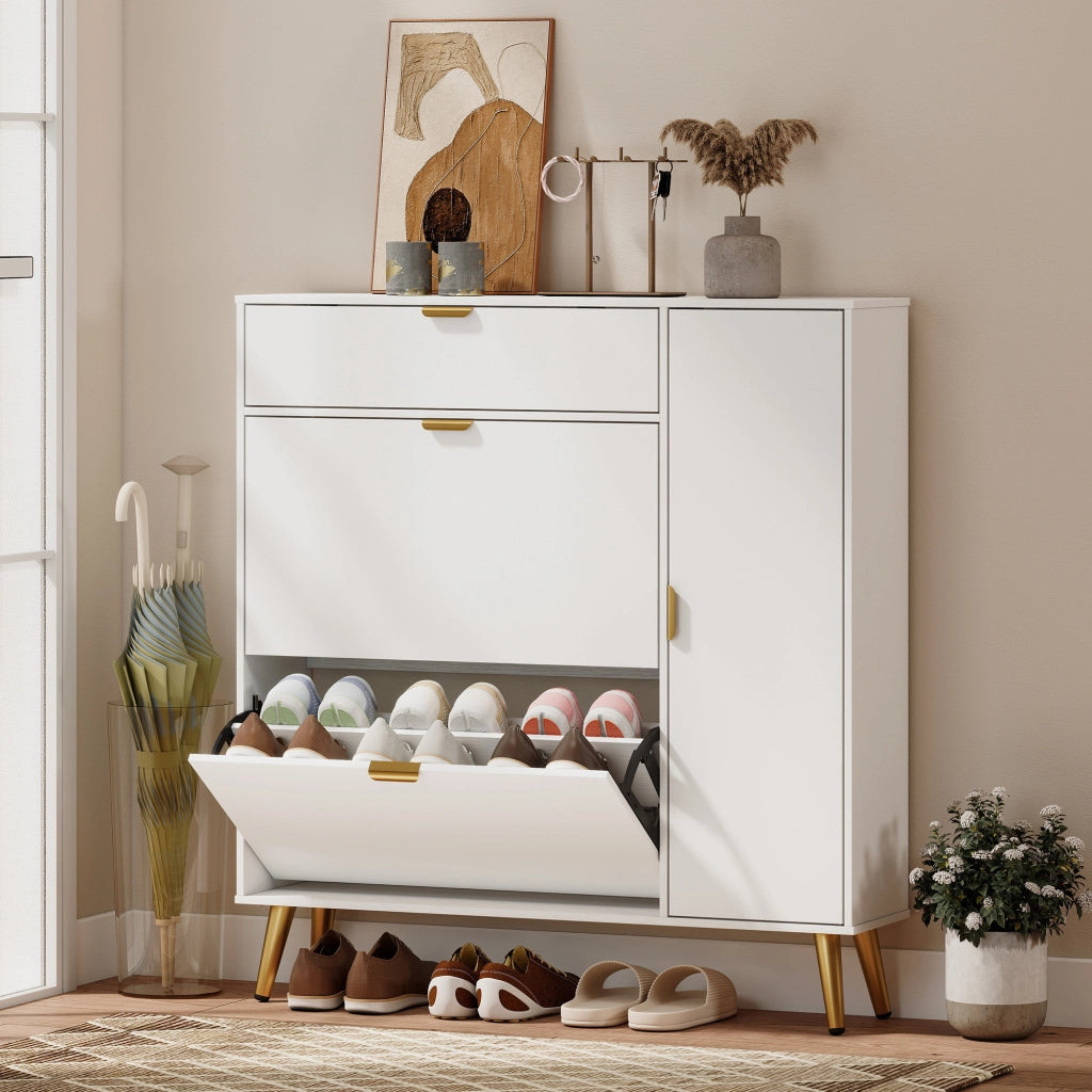 Armadio per scarpe con cassetti e ripiani ¨C zephmum ¨C bianco 99.4x23.8x106.6cm