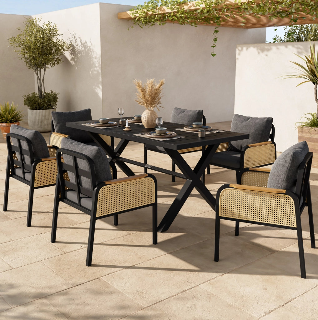 Set da giardino 6 persone 148x80x75 cm in metallo, legno plastico nero e naturale