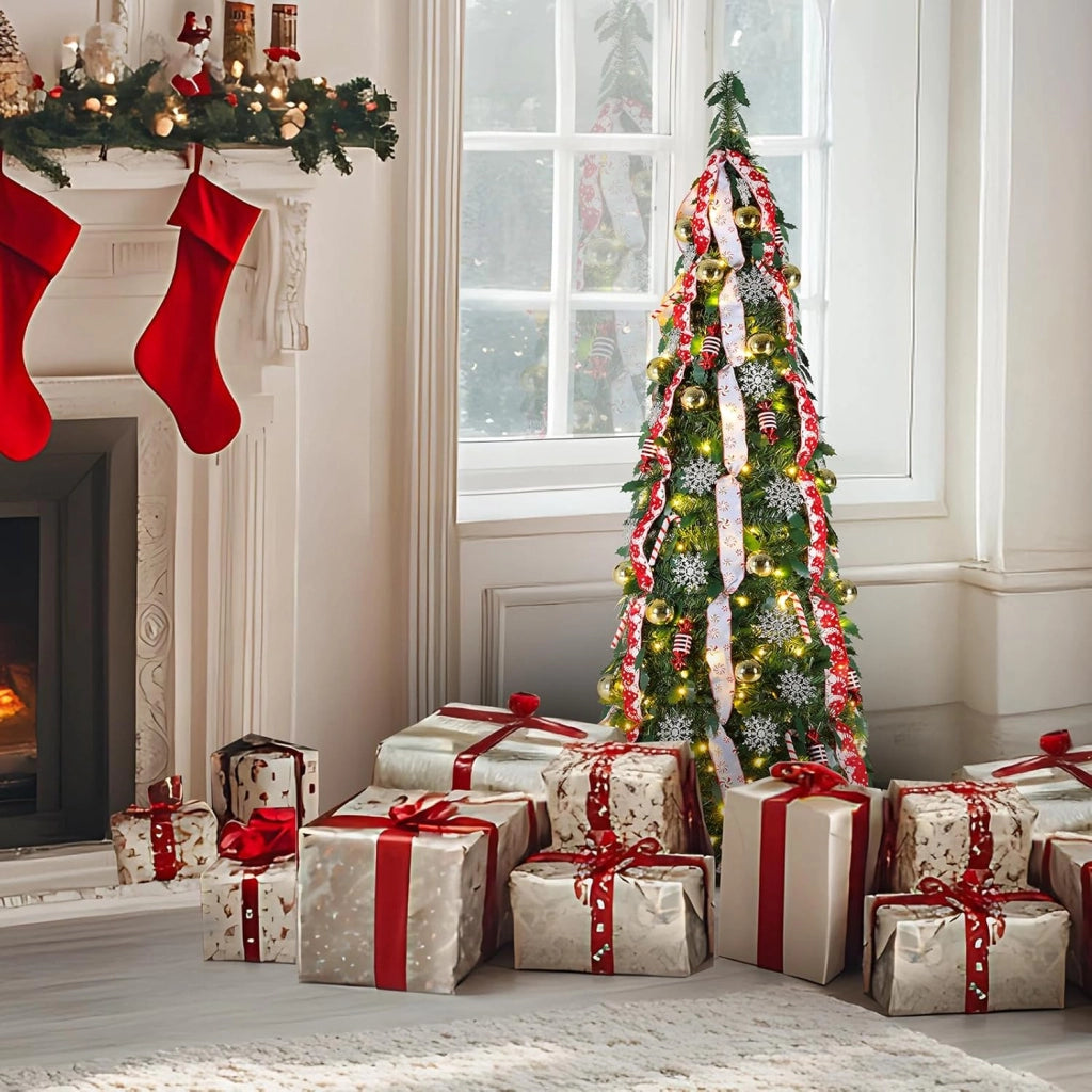 150cm Albero di Natale Pop Up, Albero di Natale Artificiale con 120PCS Luci LED, 11 Modalità di Illuminazione, Albero di natale Pieghevole, Salvaspazio, con Palline di Natale, Nastri