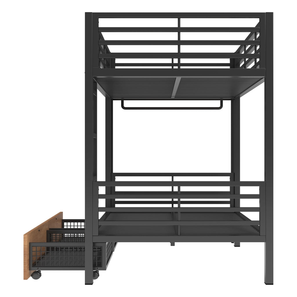 Letto a Castello 90x200 cm - 4 cassetti; mensole e LED - in MDF e Metallo - Nero