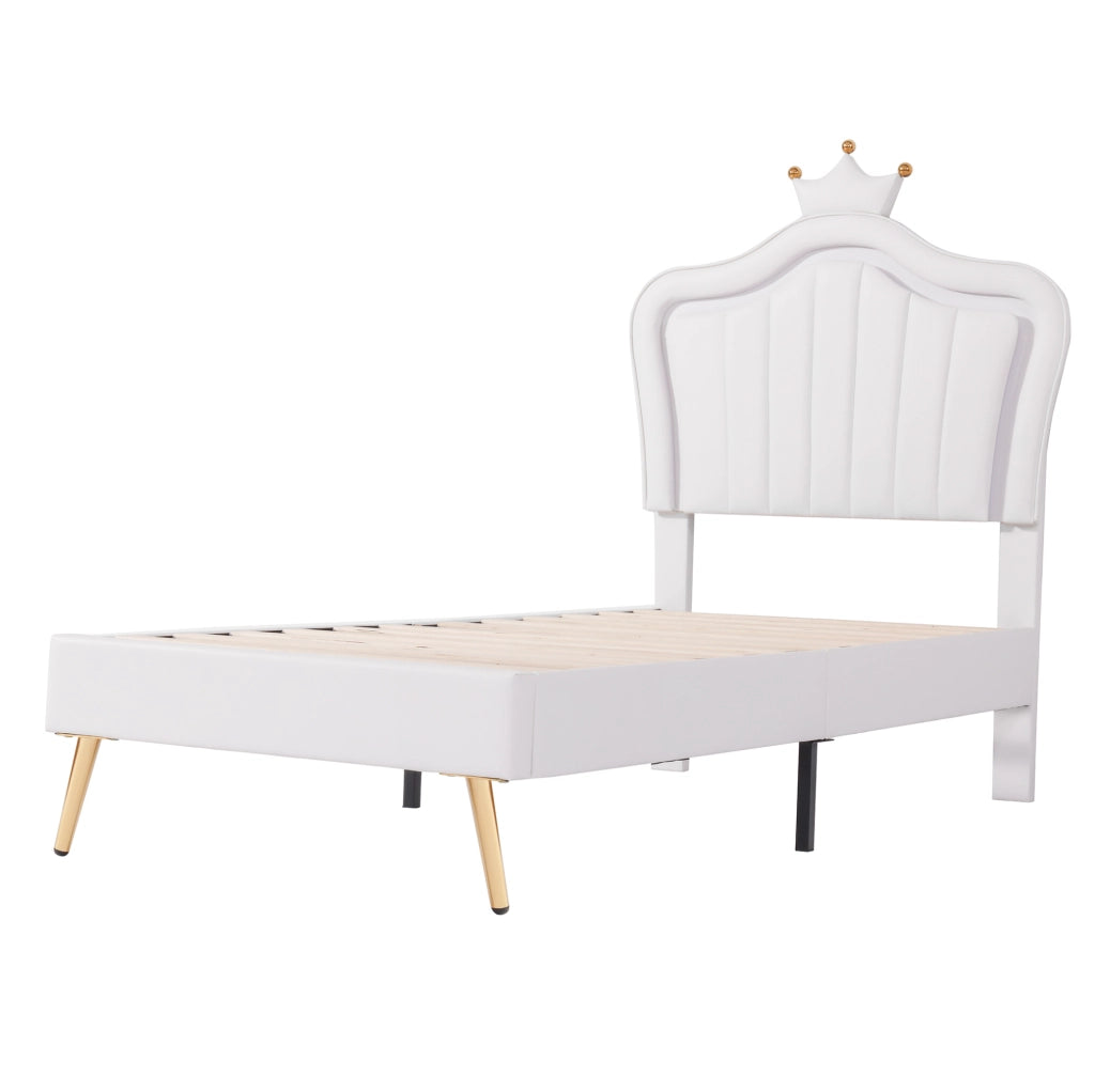 Letto imbottito 90x200 cm; 140x200 cm; testiera a conchiglia con LED; MDF ecopelle e metallo; bianco (Senza materasso)
