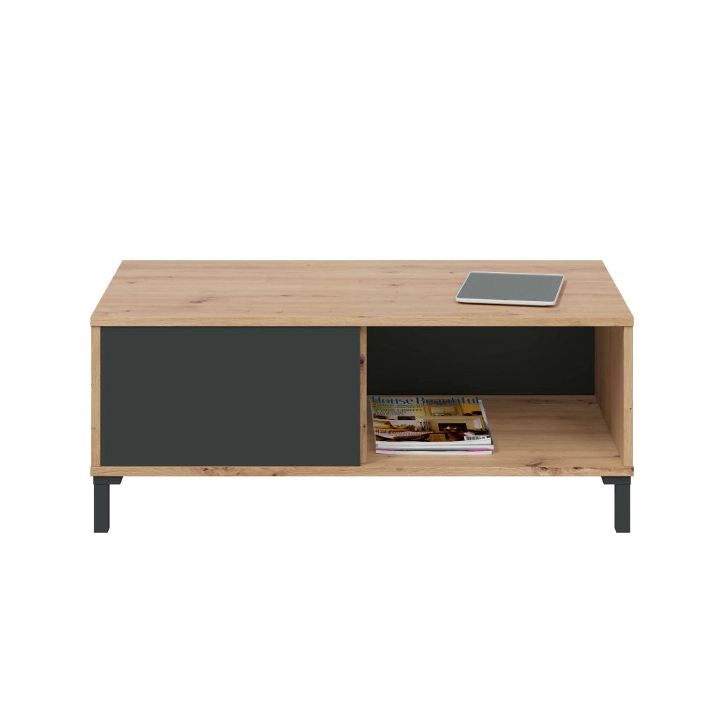 Tavolino da salotto Axinia, Tavolino da caffè, Tavolo basso da soggiorno, cm 100x50h40, Rovere nodi e Antracite