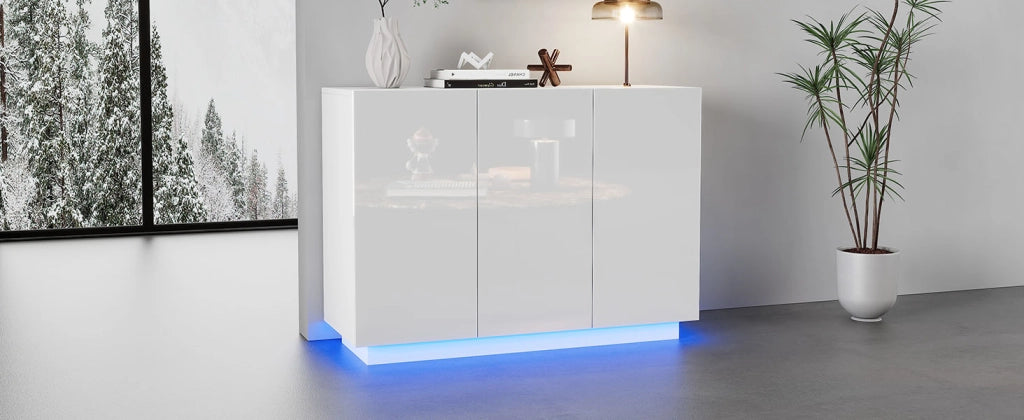 Credenza bianca lucida mobile con luci led bluetooth madia moderna 120 cm 3 ante