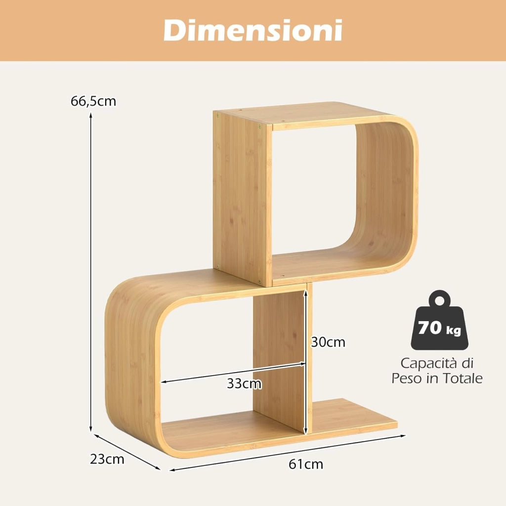 Libreria a 2 Cubi Forma di S, Libreria Bassa Scaffale in Bamboo, Libreria Design Moderna Salvaspazio Piccola da Terra, per Soggiorno, Studio e Ufficio, 61 x 23 x 66,5 cm, Naturale (2 Livelli)